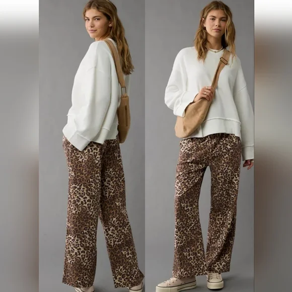 American Eagle Outfitters Leopard Print Wide Leg Pants - Brown - Picture 2 of 15